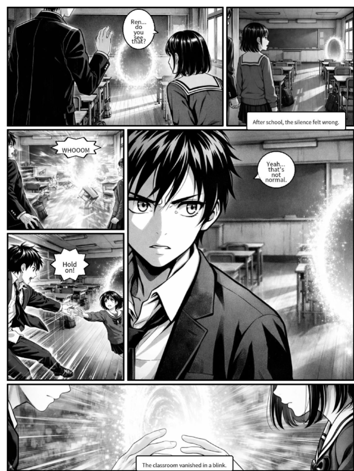 A full manga page generated end-to-end by MangaFlow from a text prompt, with consistent characters and clean speech bubbles
