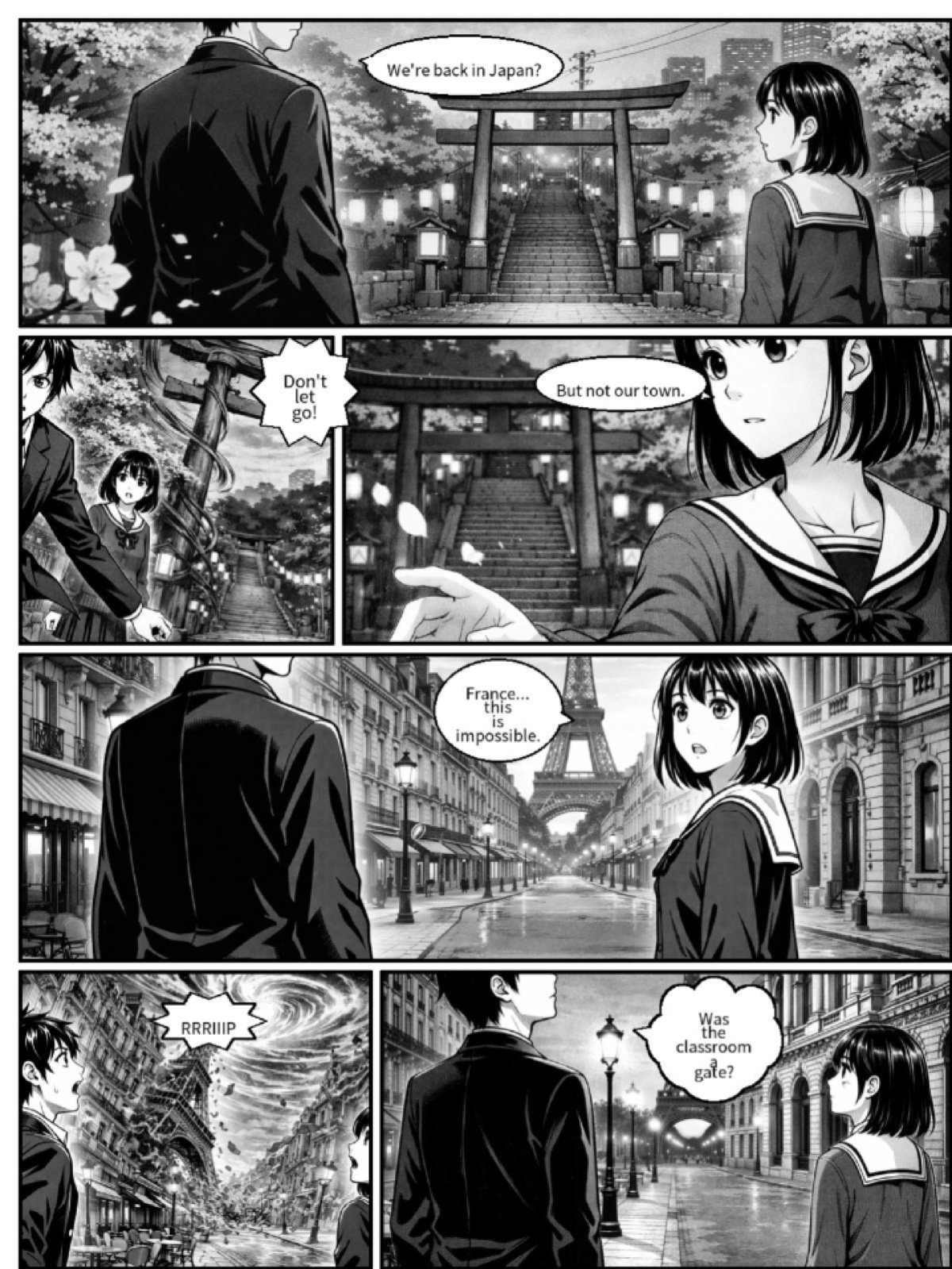 A MangaFlow page where the same two characters move across Japan and Paris while keeping consistent designs