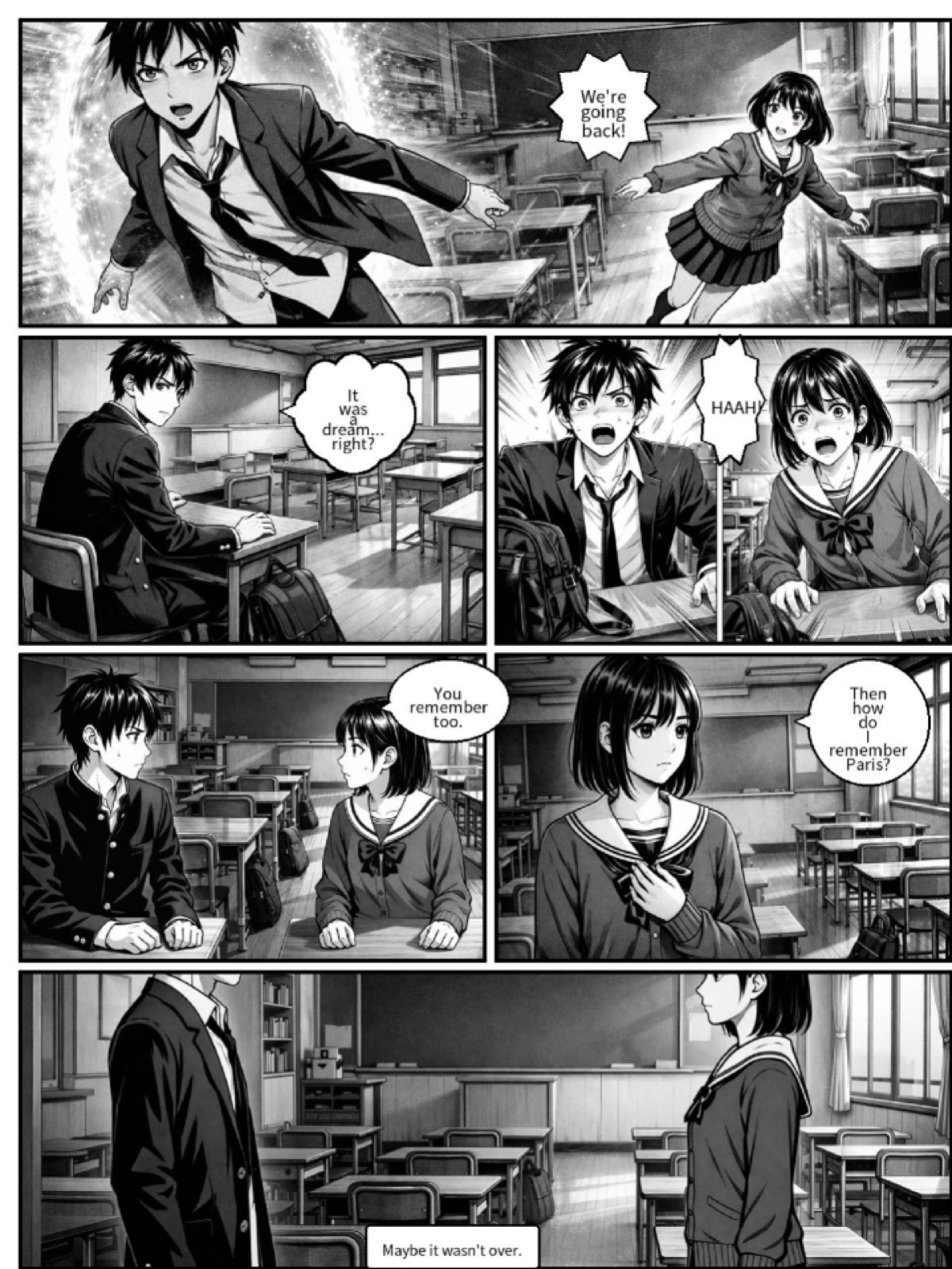 The closing page of the generated story, with the two leads resolving the plot in a classroom