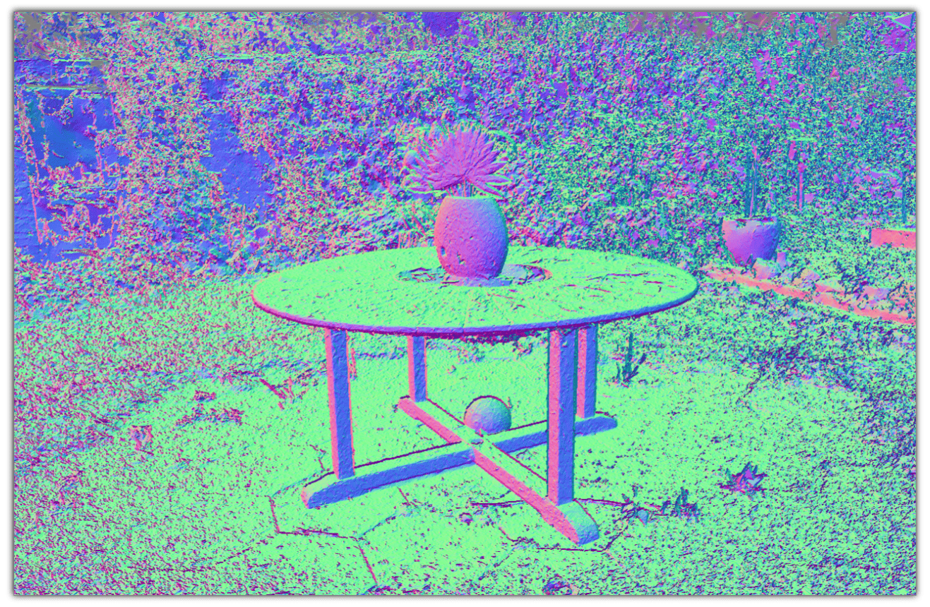 Surface normal maps from MeshSplatting showing smooth, coherent geometry on reconstructed scenes