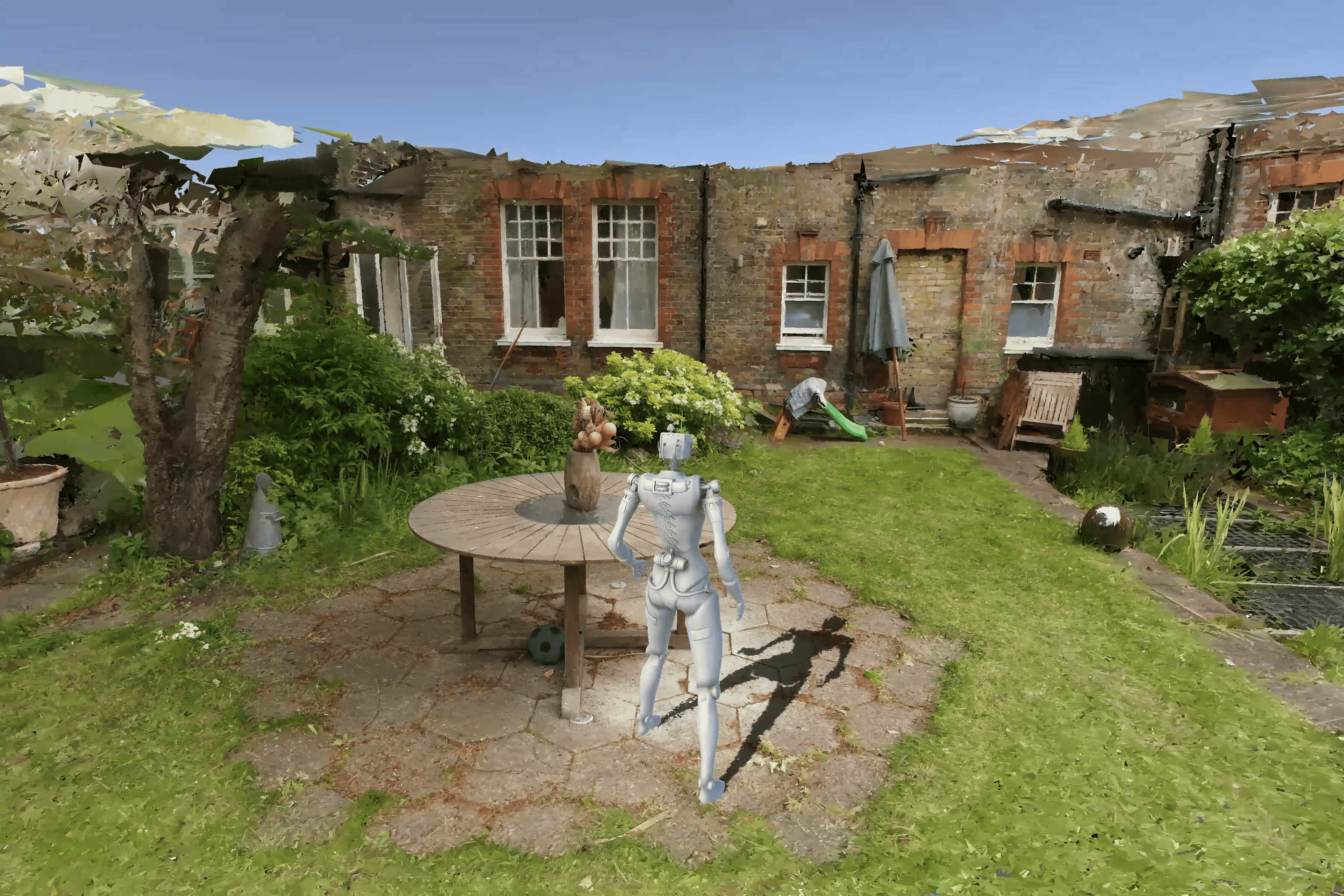 A reconstructed MeshSplatting scene used as a walkable, collidable environment with physics objects
