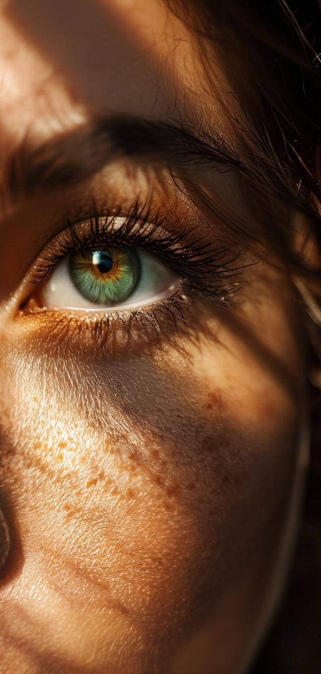 Extreme macro of a human eye generated by PixelDiT, showing per-pixel iris and eyelash detail