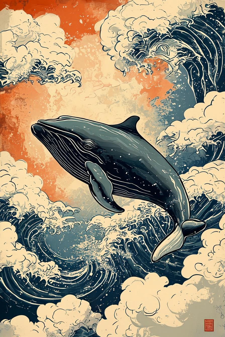 Ukiyo-e style illustration of a whale generated by PixelDiT at 1024px