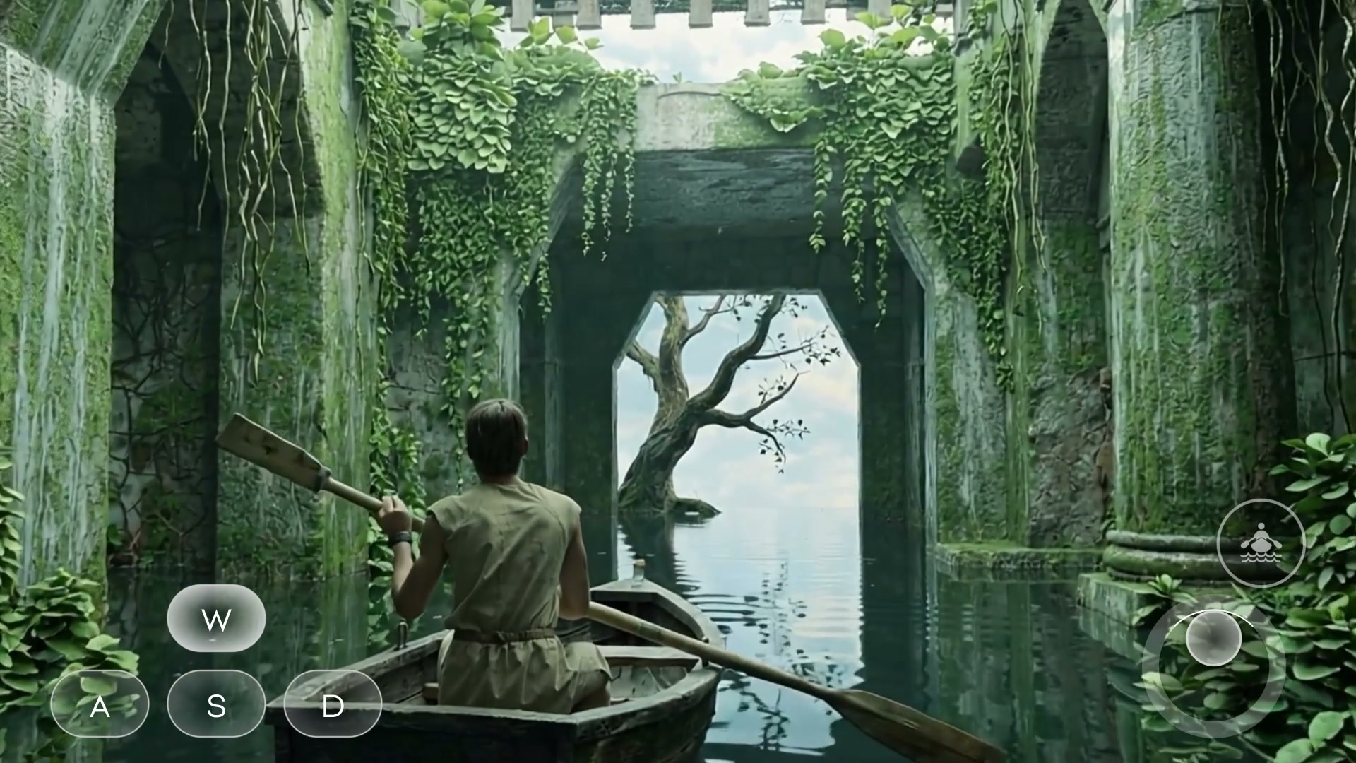 A first-person view of rowing a small boat through an overgrown, water-flooded ancient ruin in Project Eden