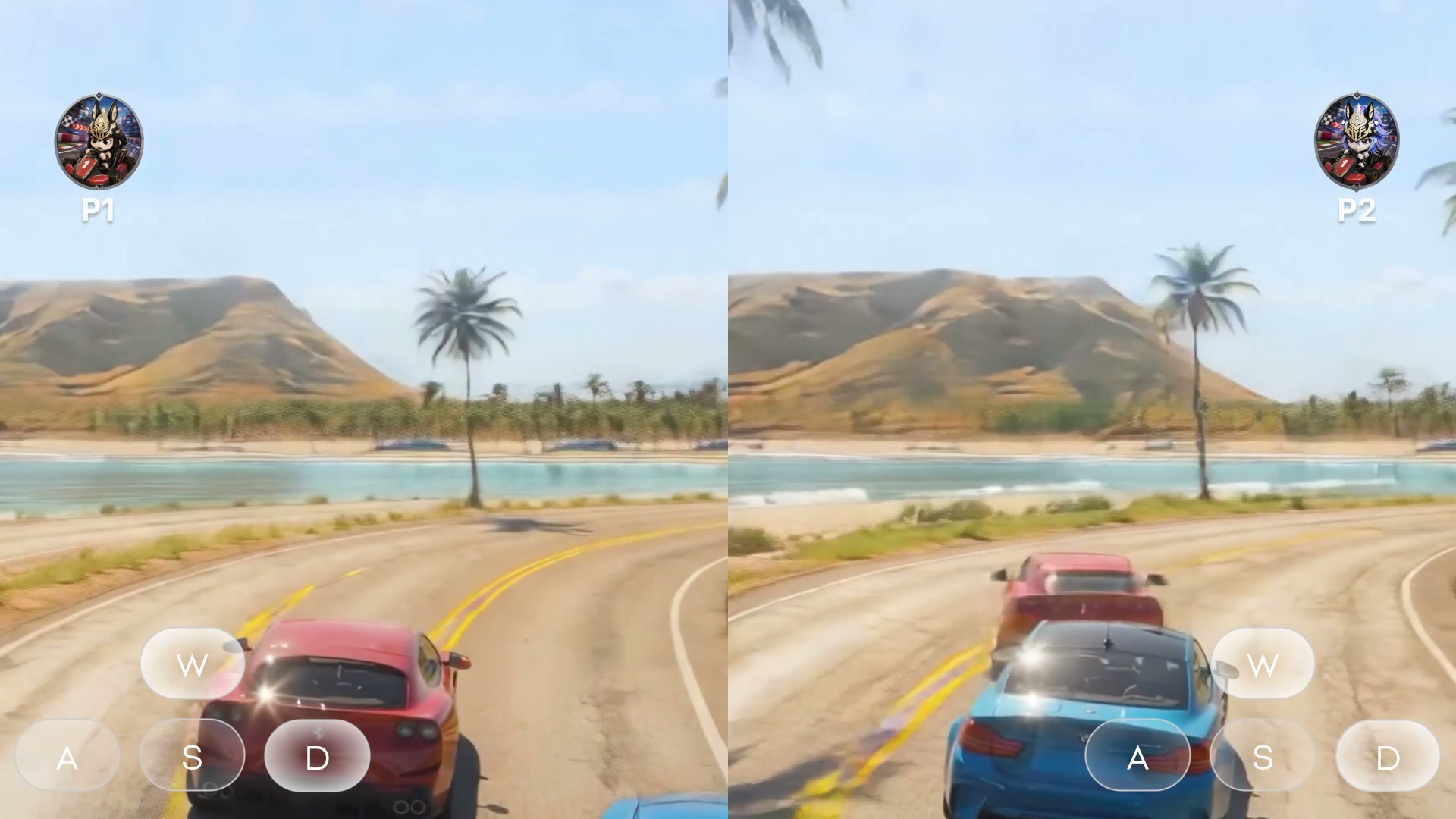 Project Eden split-screen multiplayer: two players (P1, P2) racing cars through the same AI-generated coastal world