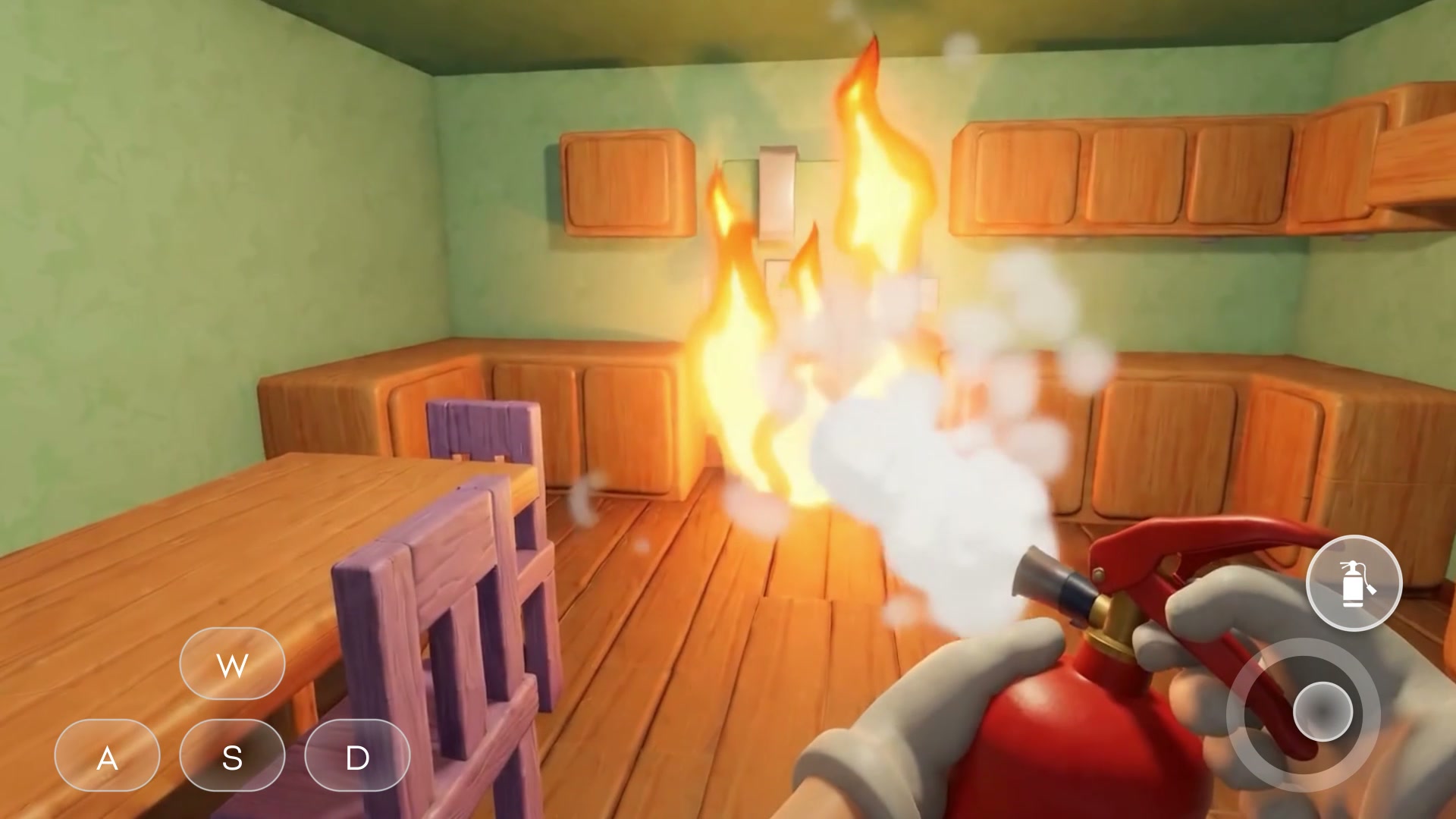 First-person view of using a fire extinguisher to put out flames in a stylized kitchen inside Project Eden