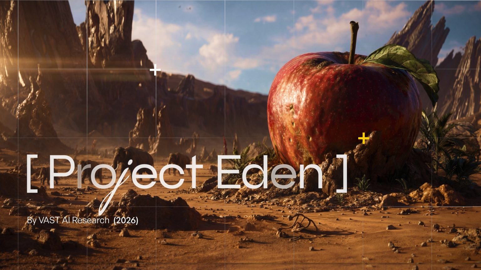 Project Eden reveal artwork: a giant apple in a desert landscape, by VAST AI Research
