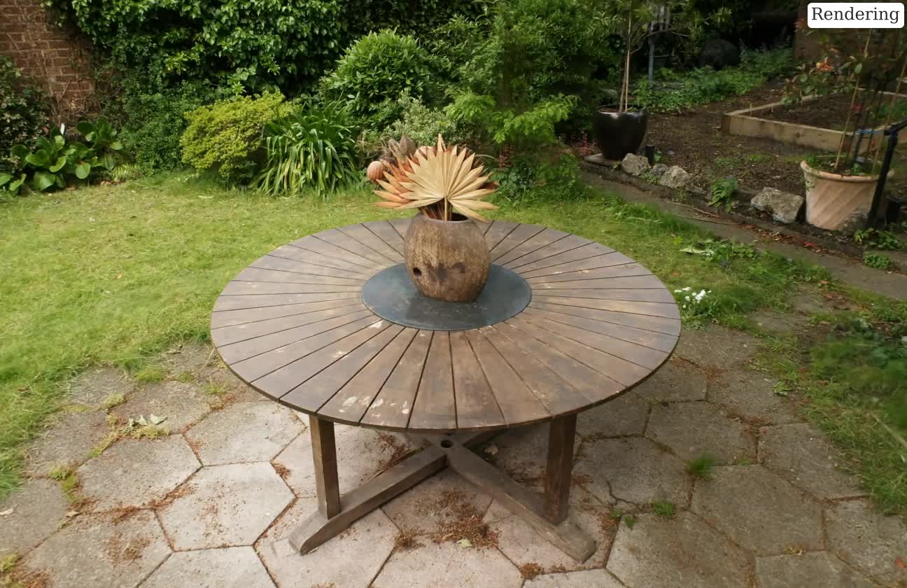 A photorealistic radiance field render of a garden table and potted plant, captured from photos