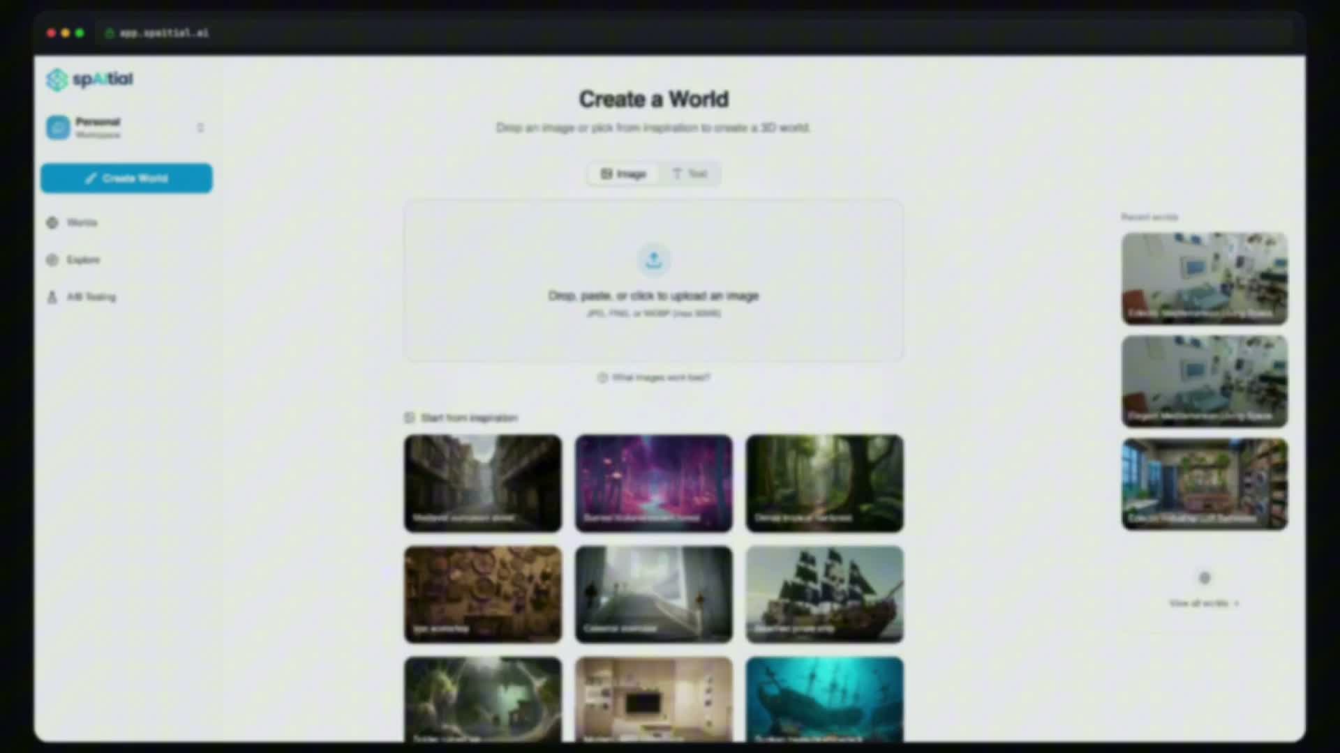 SpAItial Create a World interface showing an image-drop zone and a gallery of inspiration scenes