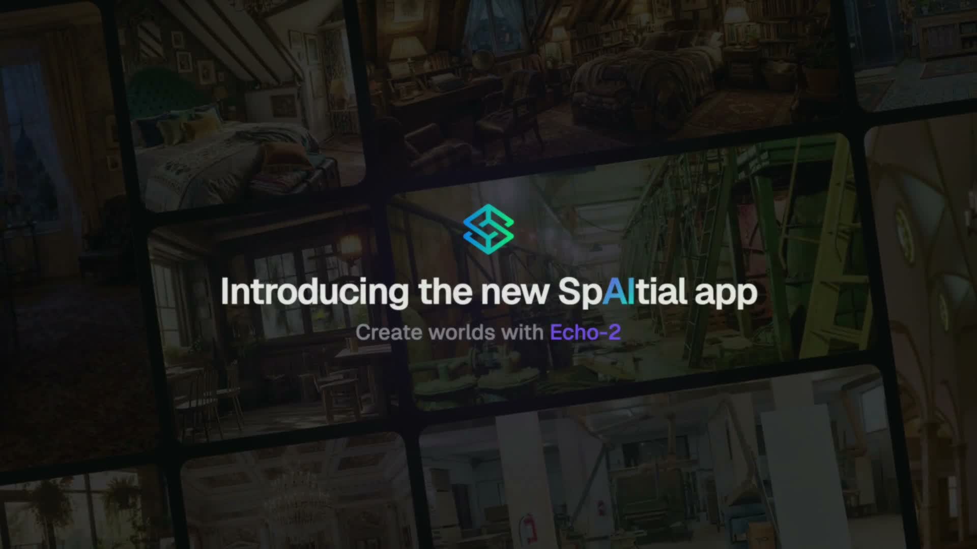 SpAItial app intro screen reading Create worlds with Echo-2, tiled with example interior scenes