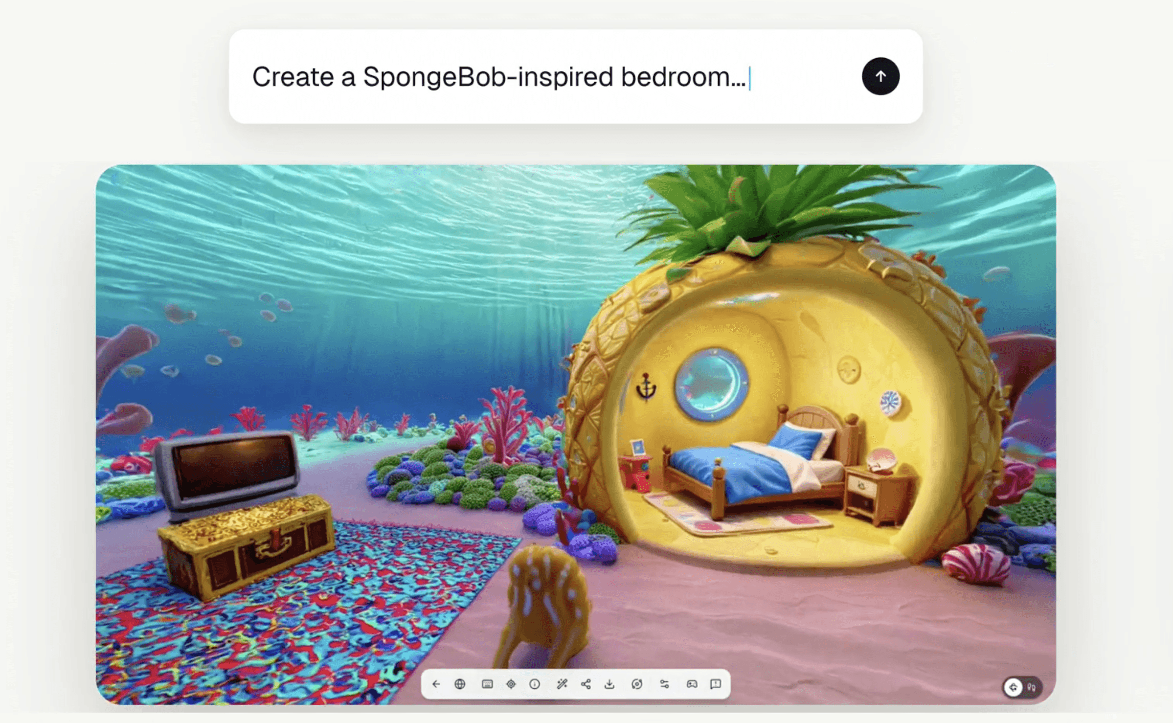 SpAItial app generating a SpongeBob-inspired bedroom as a 3D Gaussian splat world from a text prompt