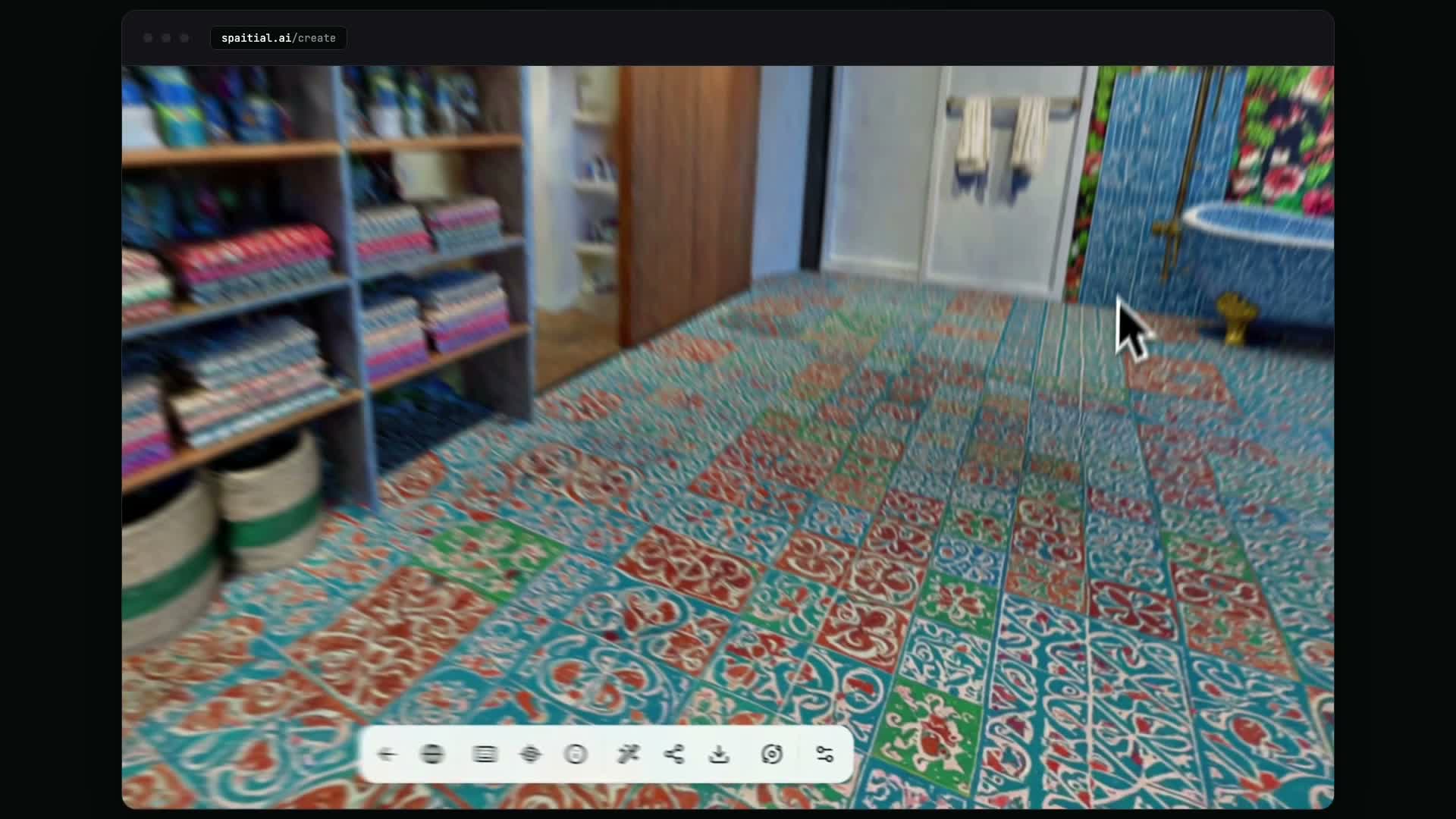 A navigable Gaussian splat interior with patterned tile floor, shelving and a bathtub, rendered in the SpAItial viewer