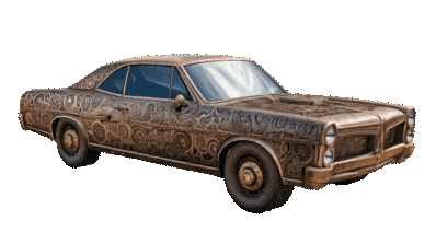 A blank car mesh retextured in green, steampunk, and stealth-black styles using StableGen multi-view texturing