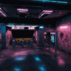 An untextured subway scene retextured three different ways - default, fantasy palace, and cyberpunk - using StableGen scene-wide texturing