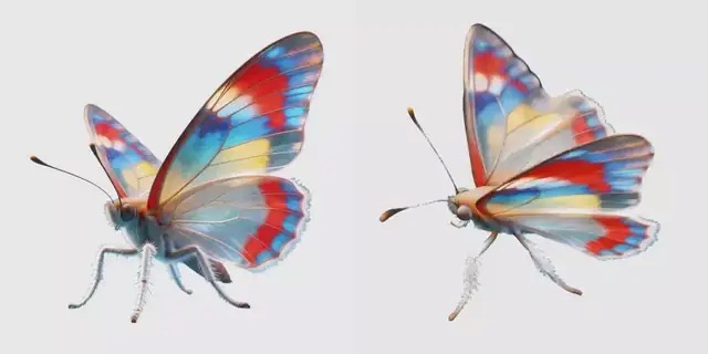 A single butterfly image on the left, the generated 3D Gaussian splat rendered from a new angle on the right