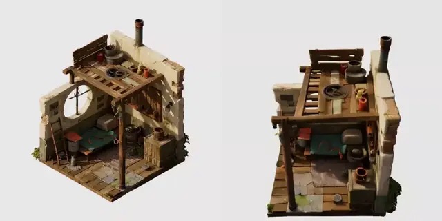 An isometric diorama room interior, input image versus the generated Gaussian splat rendered from a new viewpoint