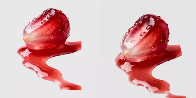 A glossy red fruit with water droplets, input image versus generated Gaussian splat from another angle