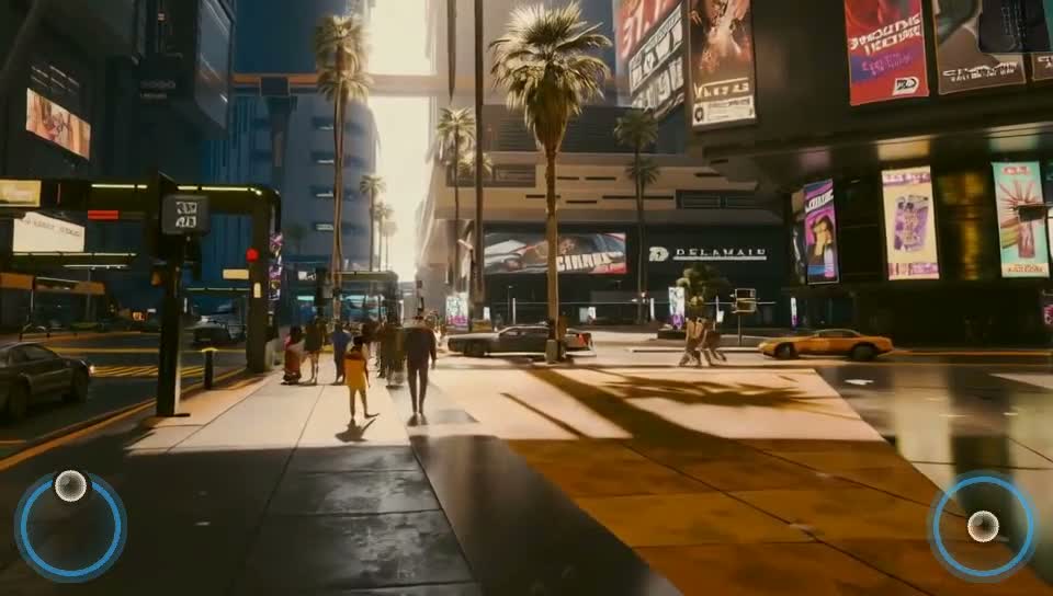 A photoreal cyberpunk city street generated by AlayaWorld, with two virtual joysticks overlaid at the bottom corners