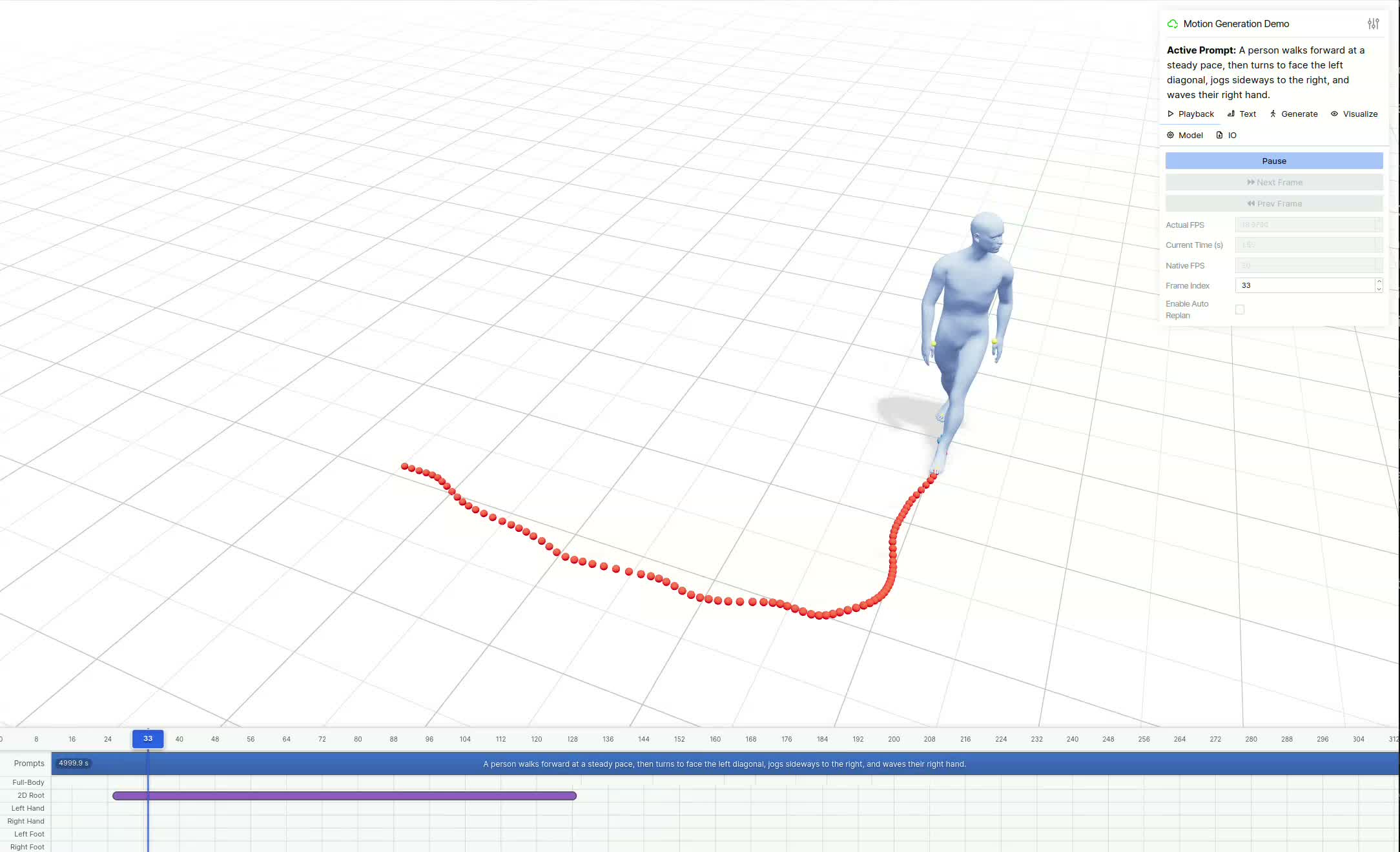 ARDY real-time motion demo following a red trajectory path with a live text prompt