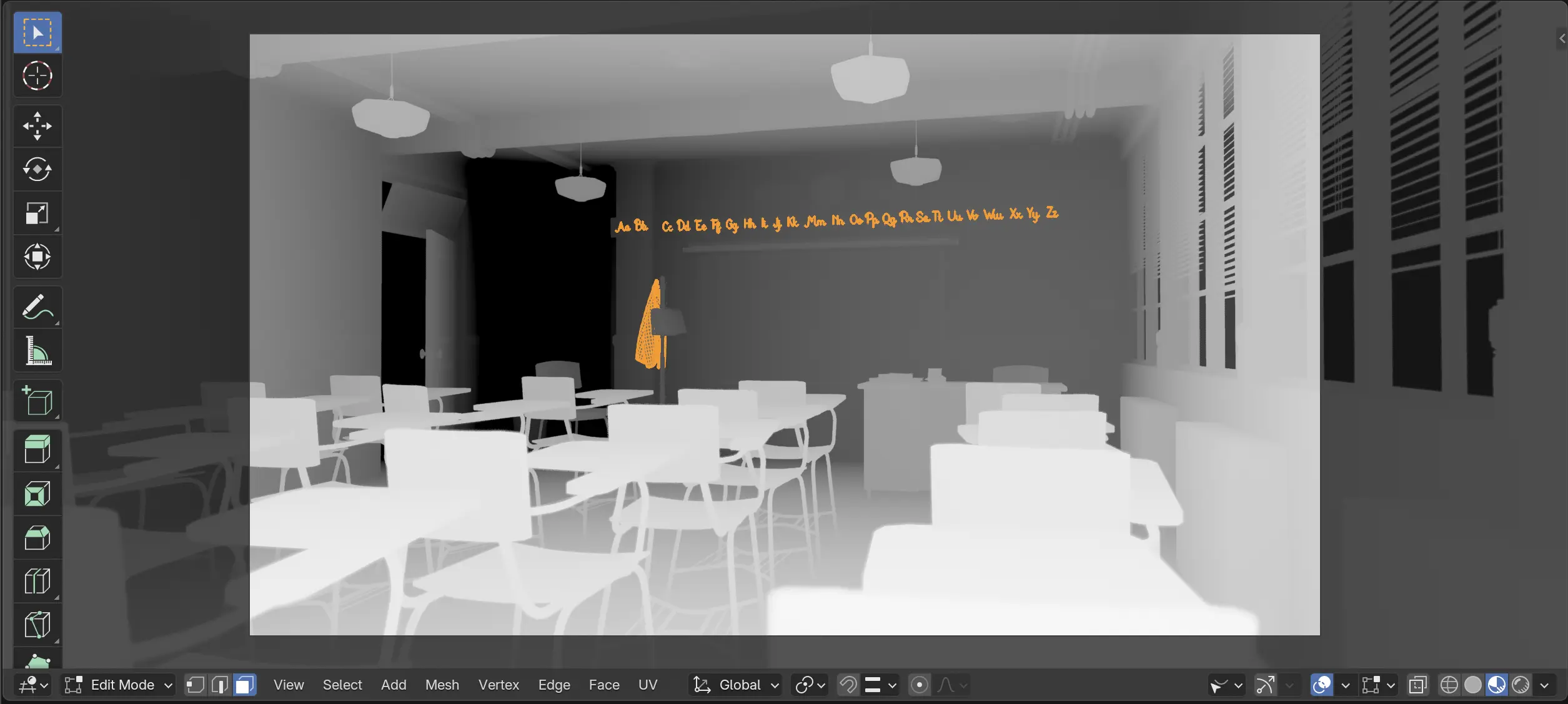 Graph of polygon count versus on-screen area for the Blender Classroom demo scene, with two clear outliers
