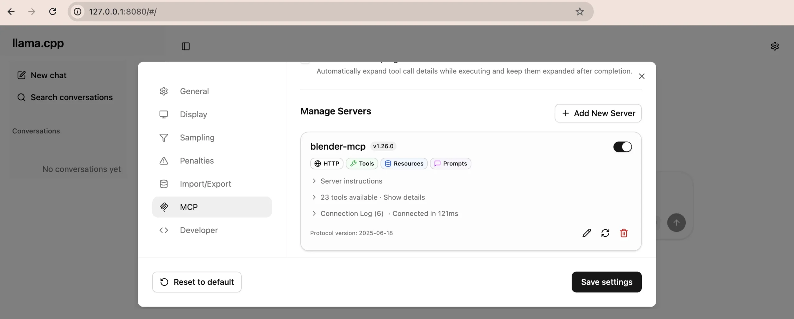 The llama.cpp web interface driving the official blender-mcp server