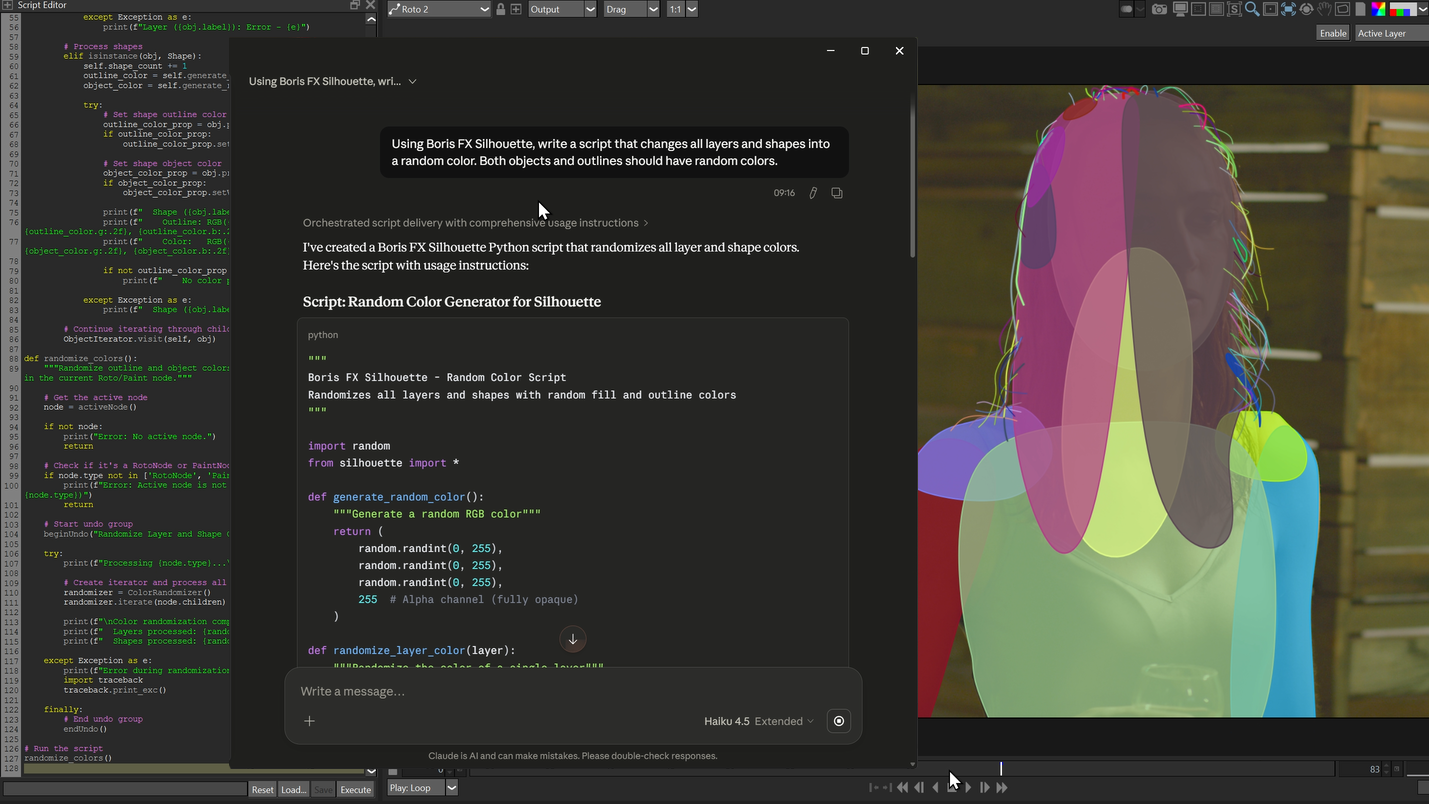 Boris FX Silhouette with an MCP server letting an AI assistant inspect and edit node trees