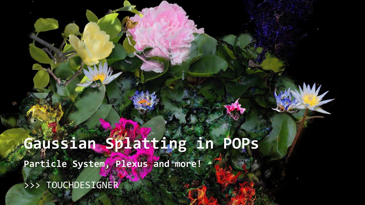 A photoreal Gaussian splat of a flower bed running live inside TouchDesigner, with pink, red and blue blooms dissolving into colored particle trails