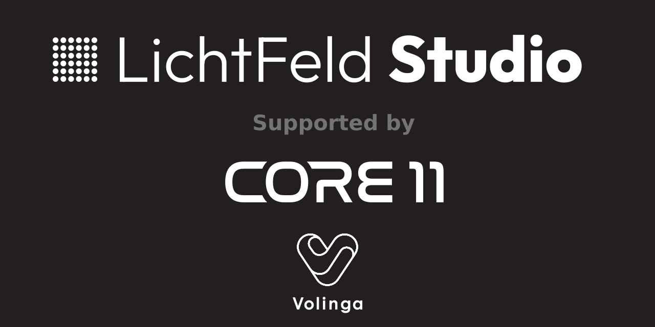 LichtFeld Studio logo, supported by Core11 and Volinga