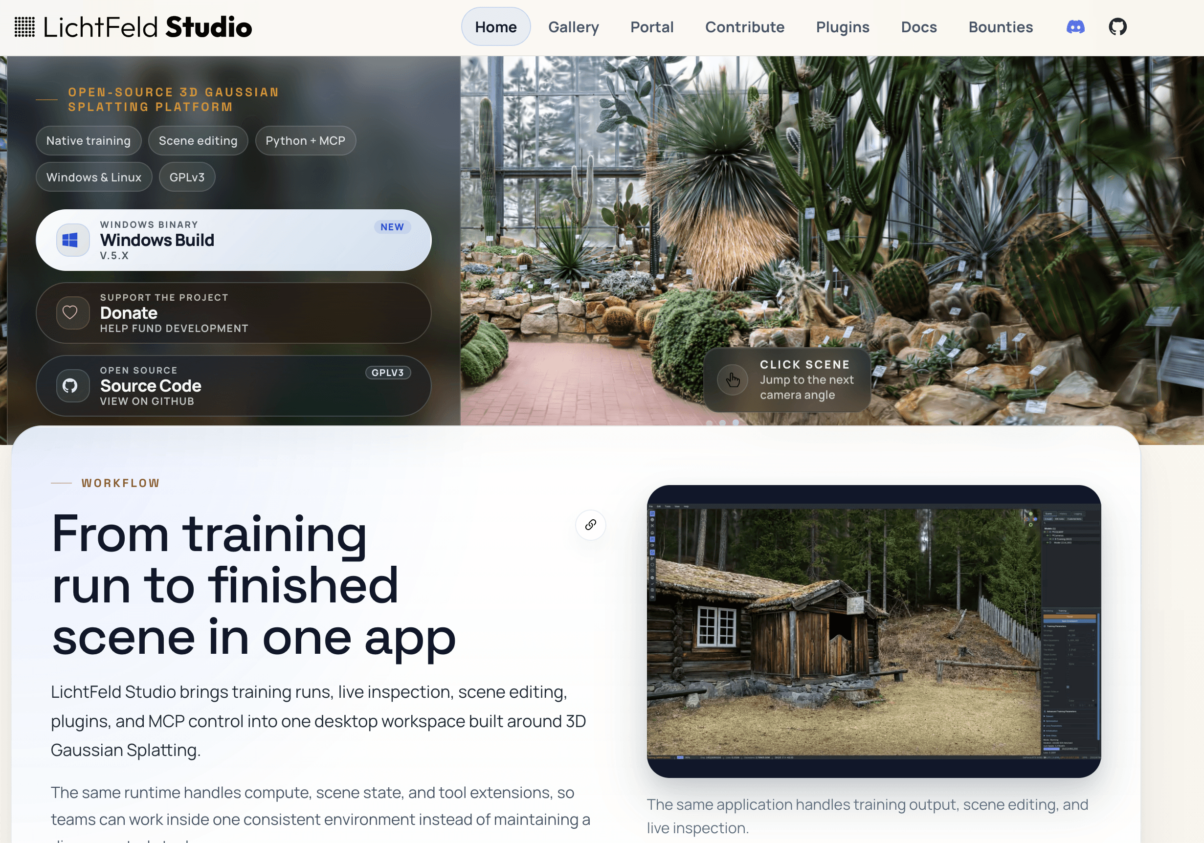 LichtFeld Studio website showing platform tags: native training, scene editing, Python + MCP, Windows and Linux, GPLv3
