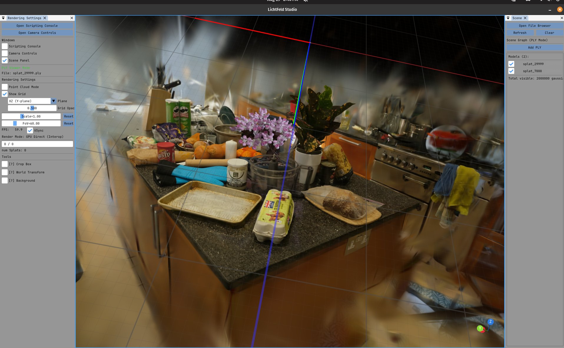 LichtFeld Studio viewport showing a two-million-Gaussian kitchen capture with render settings and scene graph panels