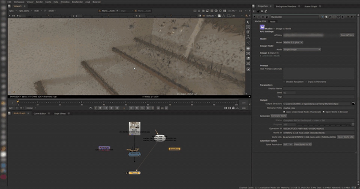 Navigating a generated Gaussian splat environment inside Nuke's 3D viewport alongside the node graph