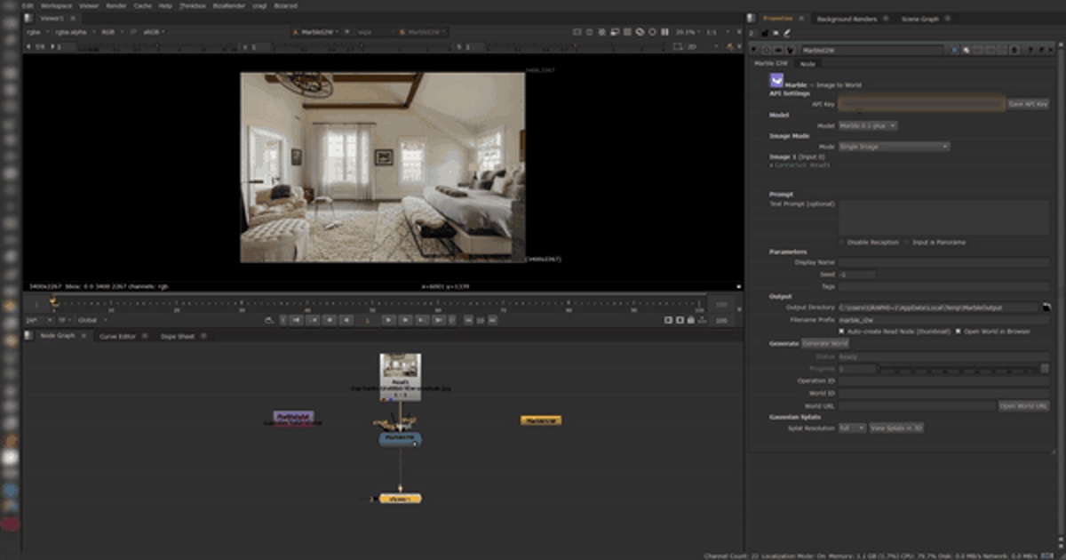 The Marble I2W node properties panel in Nuke, wired to a Read node holding a bedroom plate