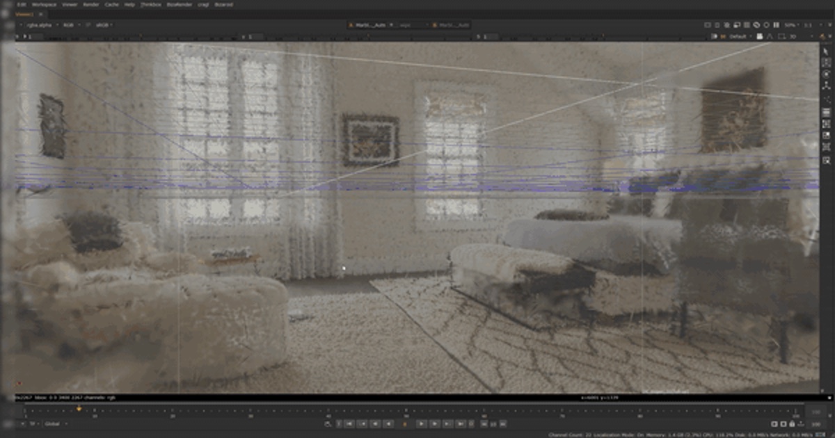 A Gaussian splat interior generated by Marble, rendered full-frame in Nuke's 3D viewport