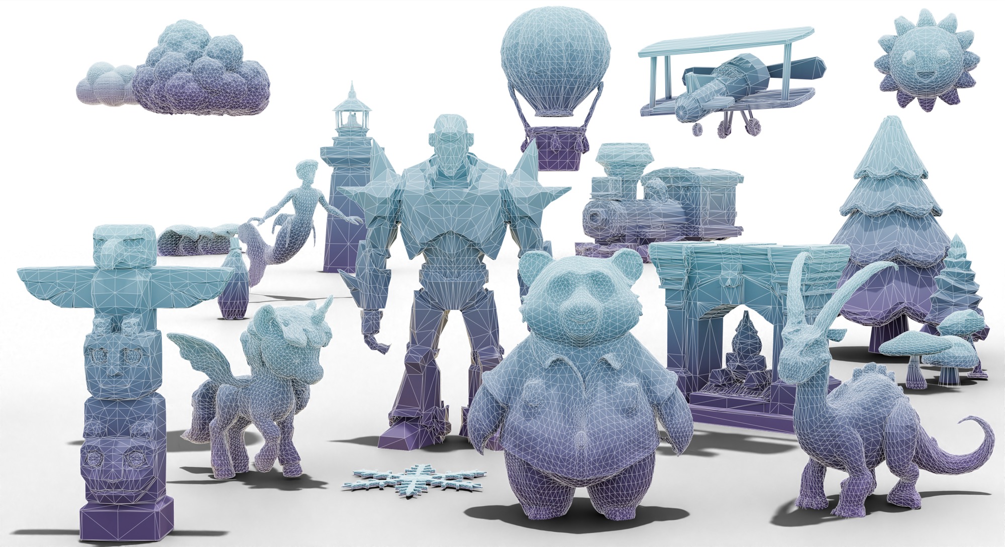 Large detailed 3D meshes generated by MeshRipple with clean connected topology