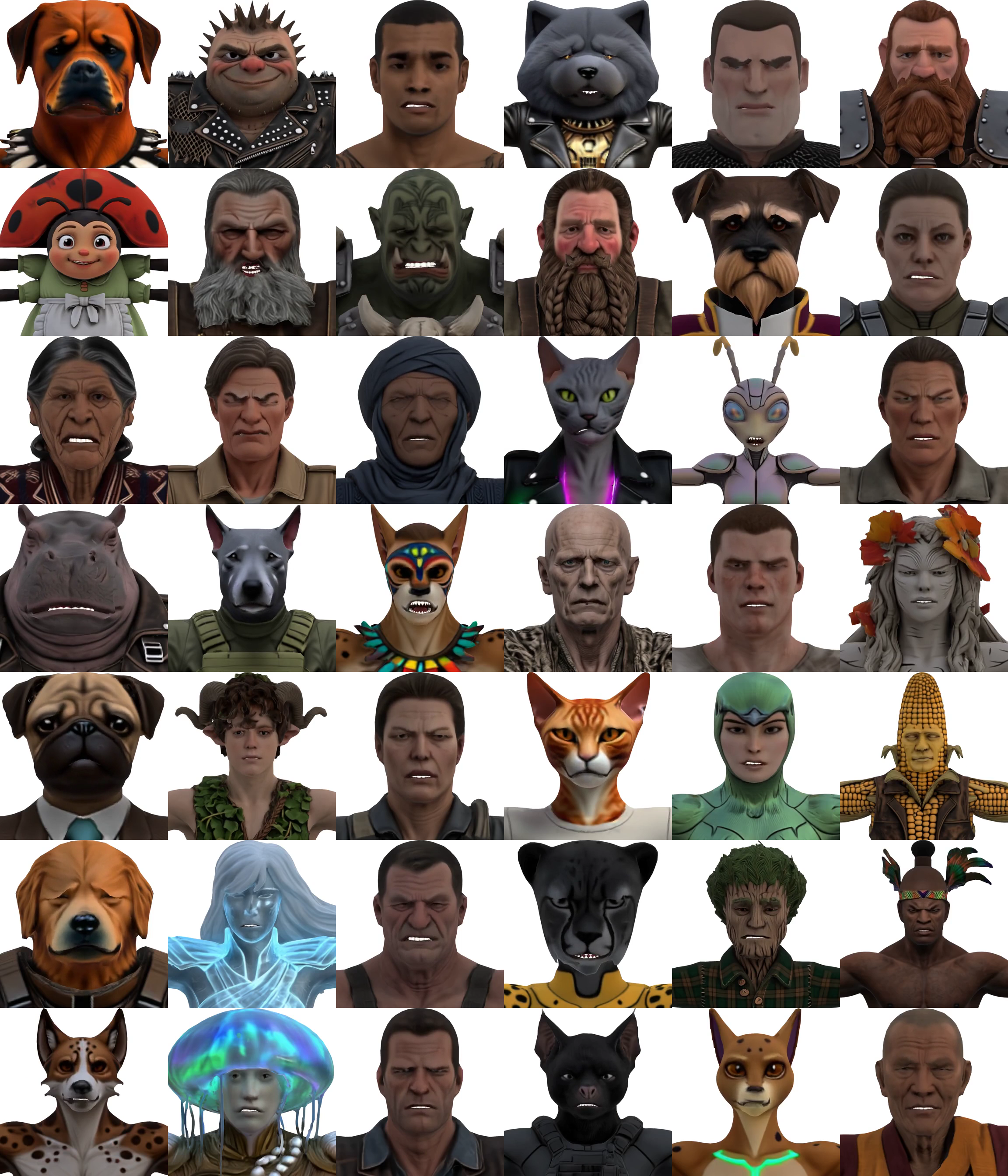 Omni-Bench dataset overview showing 1000 rigged characters across humans and animal species