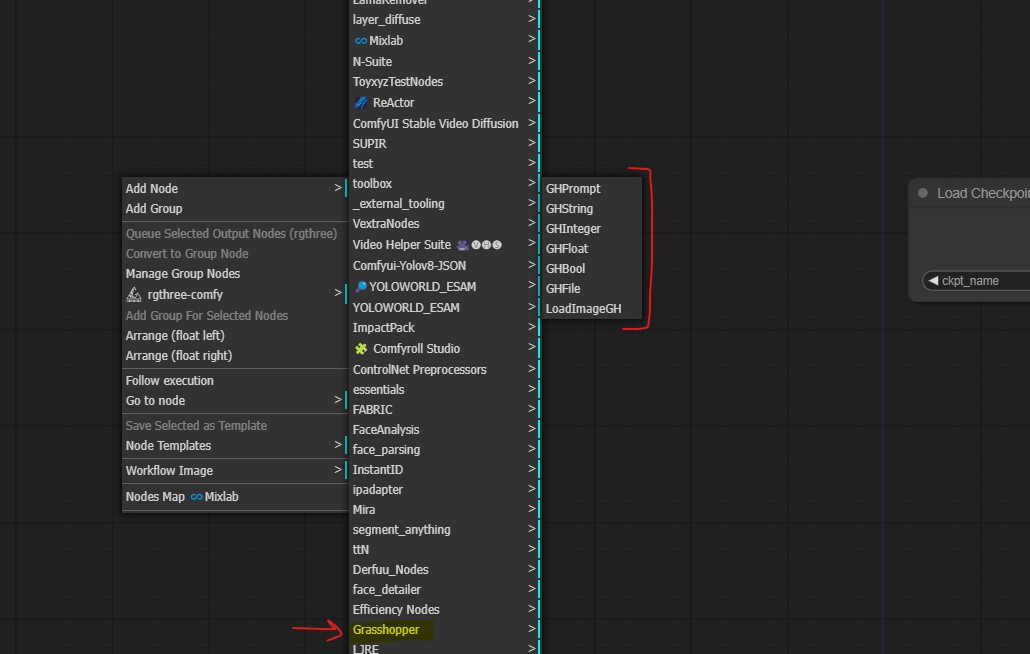The ComfyUI add-node menu with a highlighted Grasshopper category expanded to show GHPrompt, GHString, GHInteger, GHFloat, GHBool, GHFile and LoadImageGH nodes