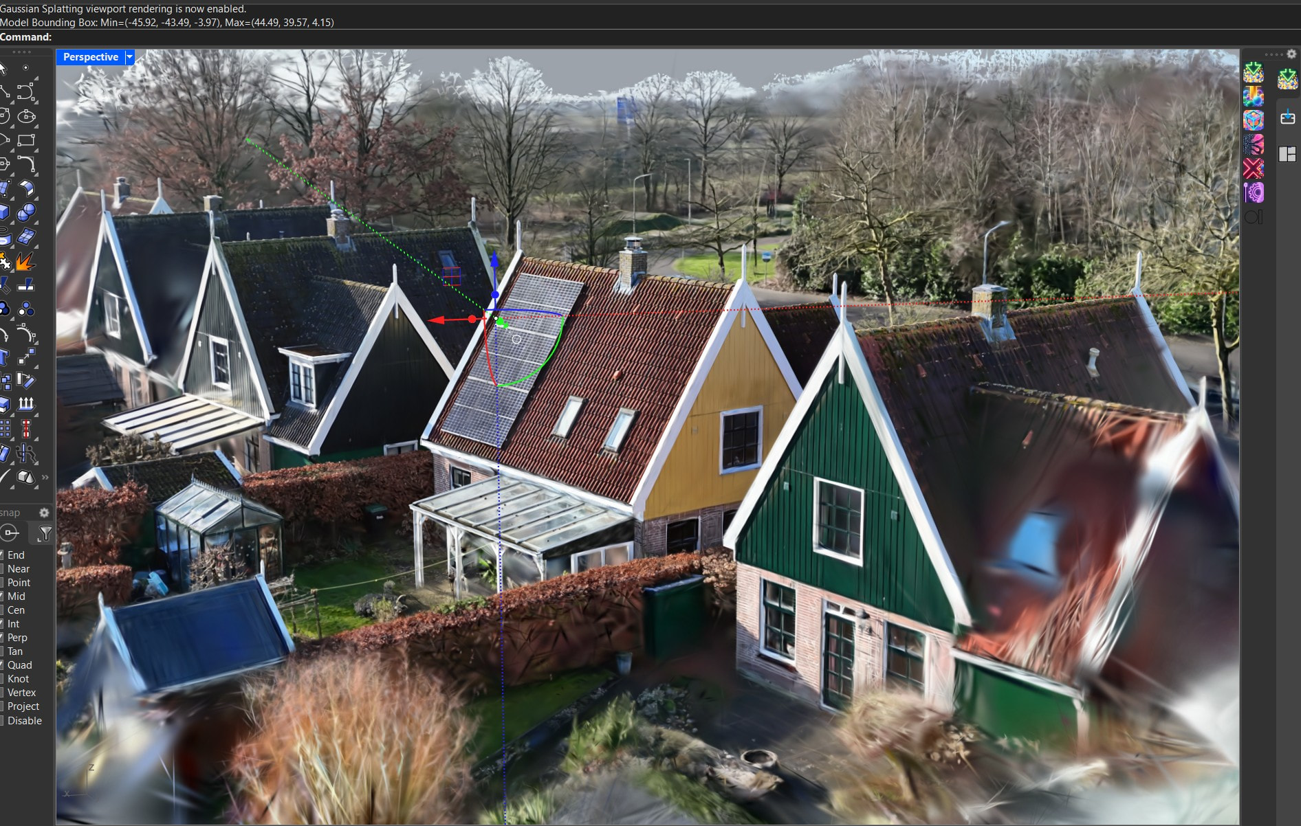 A Rhino viewport showing a Gaussian splat capture of Dutch houses, with a NURBS solar panel surface placed on a real captured roof
