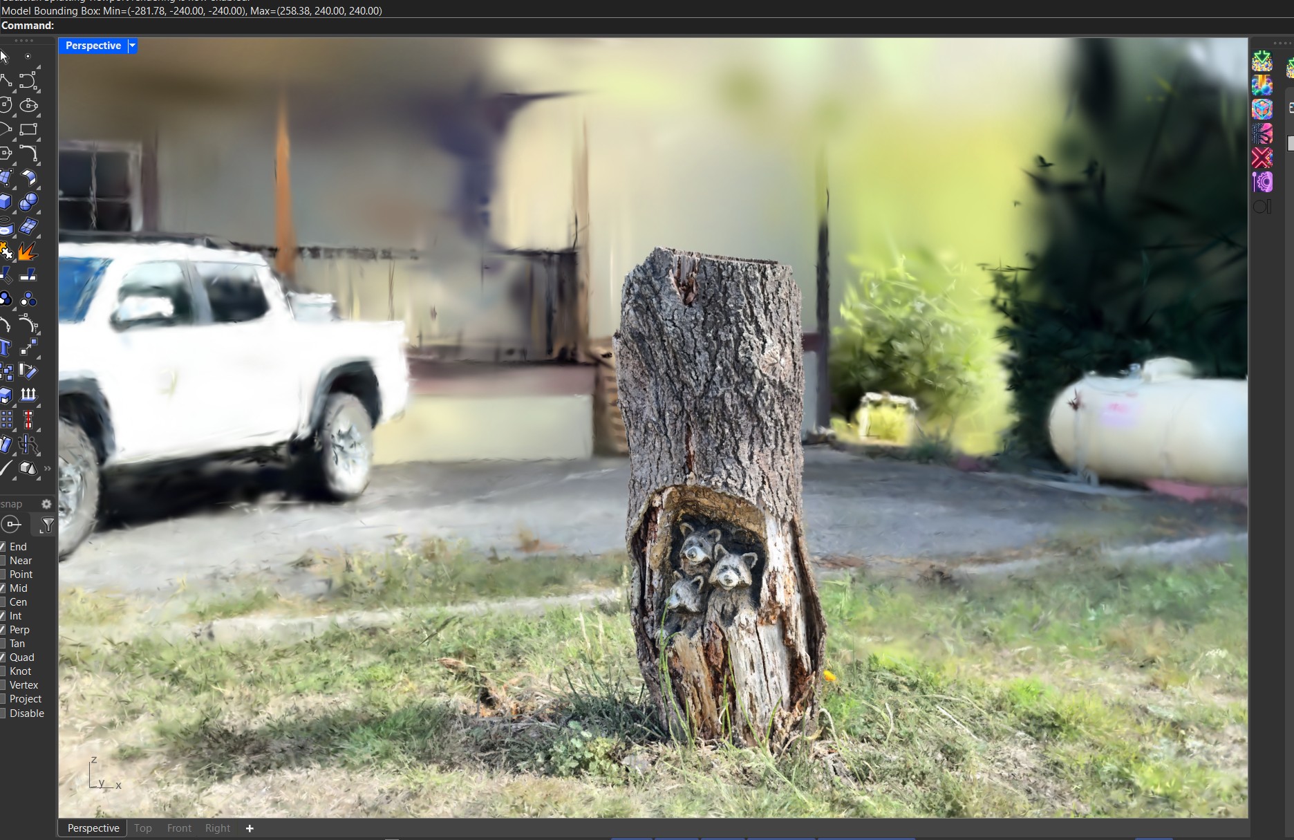 A Rhino viewport displaying a photoreal Gaussian splat capture of a carved tree stump with raccoon figures, a truck and grass in the background