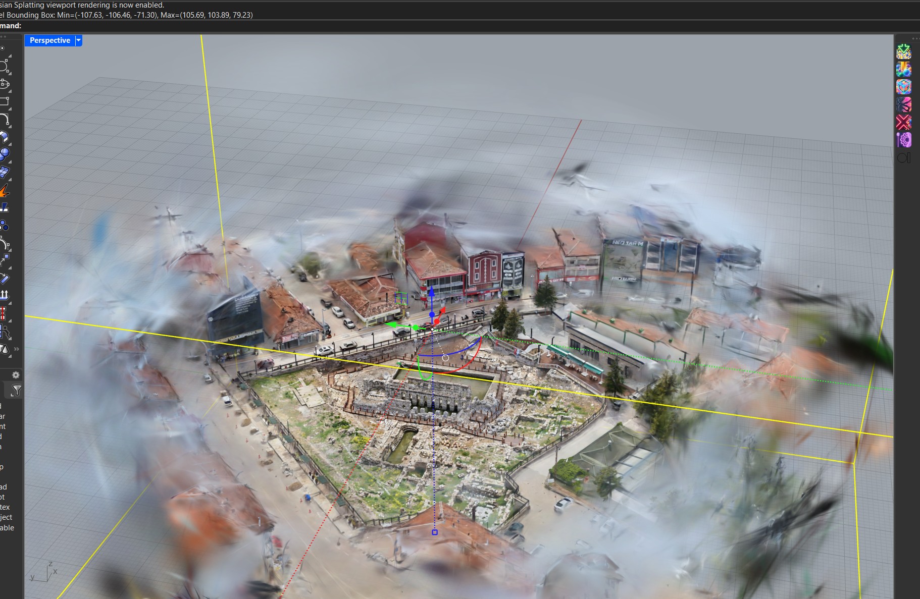 A Rhino perspective viewport with an aerial Gaussian splat capture of an urban archaeological site, Gumball widget active at the center