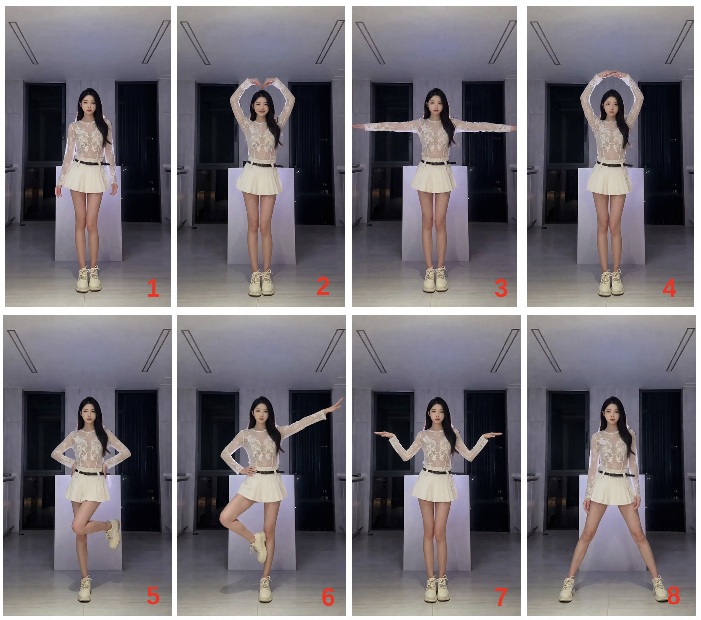 Grid of eight edited keyframe poses of the same dancer, showing motion editing control