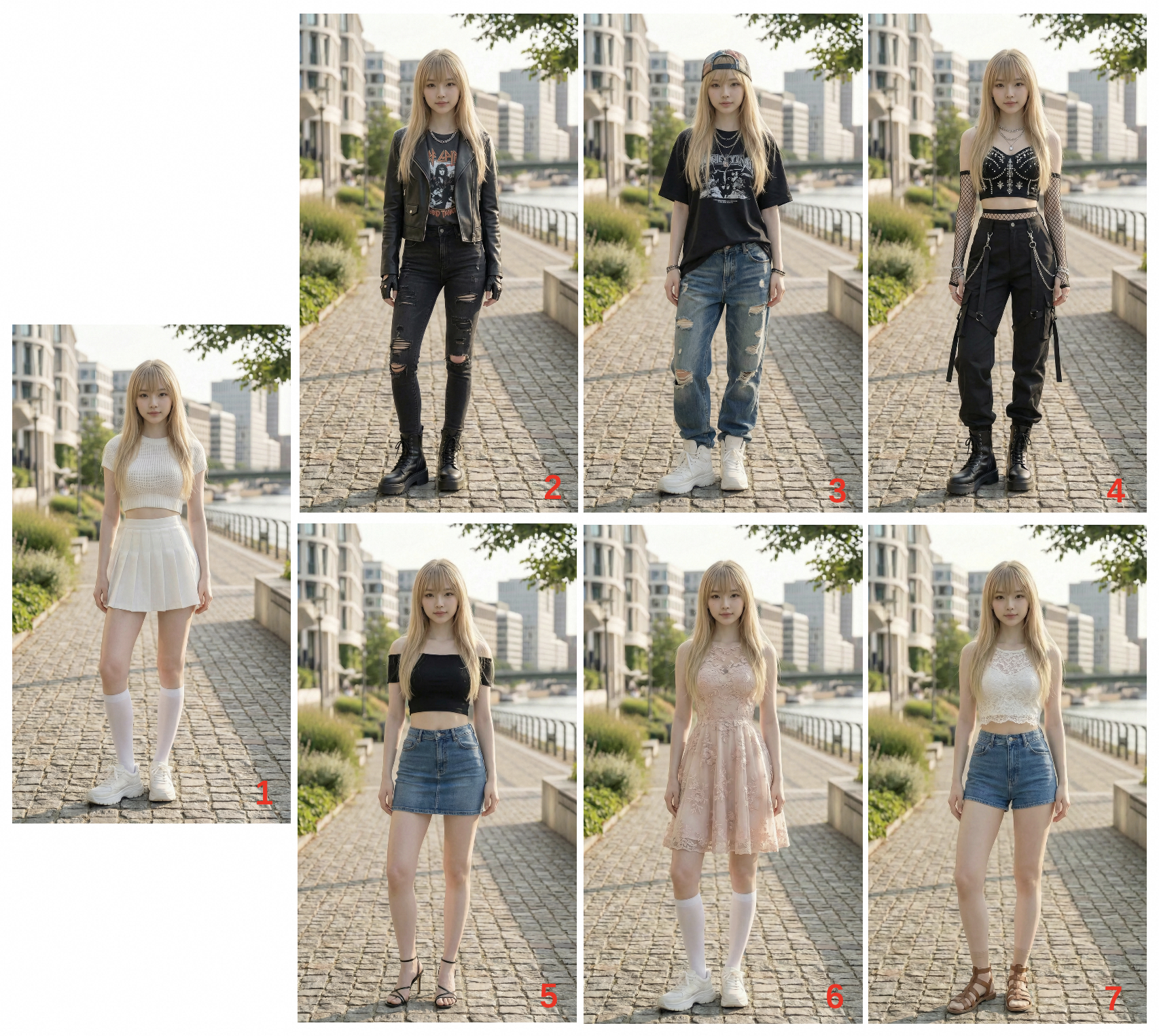 Reference dancer shown in seven different outfits generated by Wan-Dancer while preserving identity