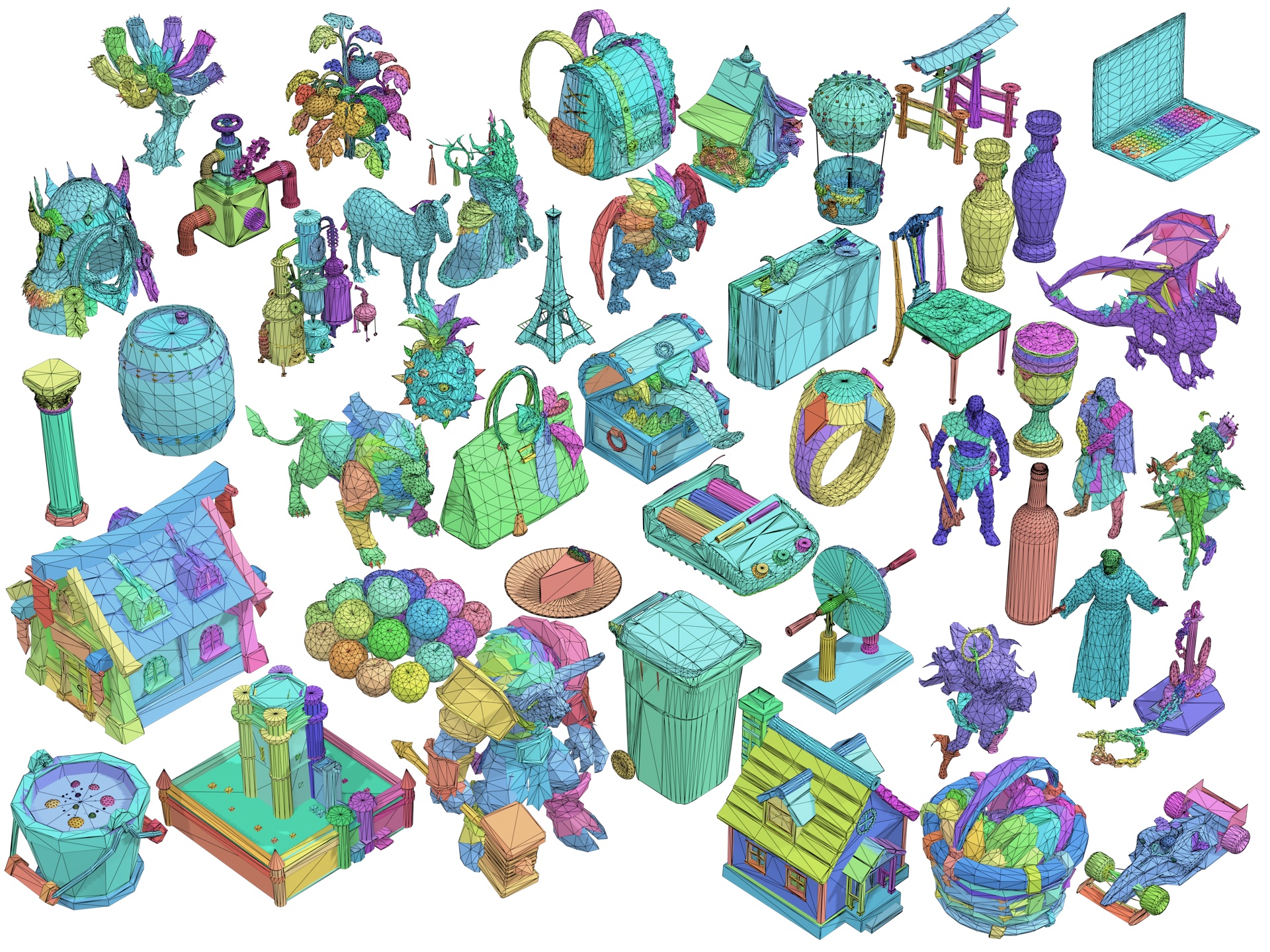 A grid of AI-generated 3D meshes imported into Blender, each showing clean quad-like wireframe topology.