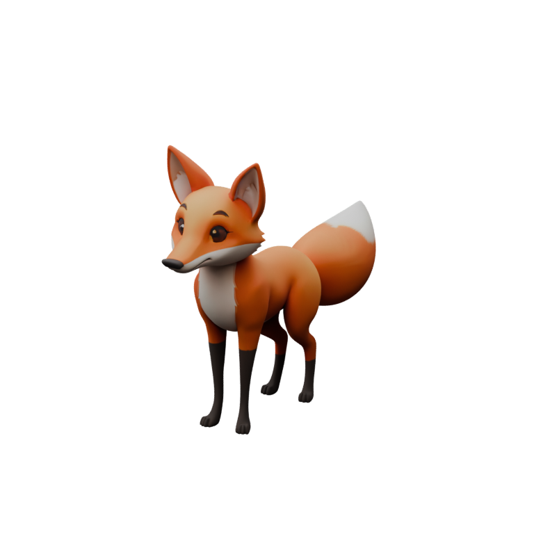 A textured fox character generated from a single image with Bake3D, shown in its studio viewport