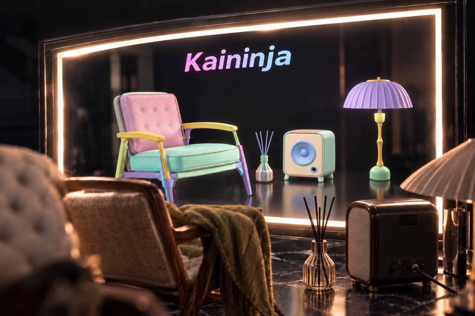 KaiNinja generated objects broken into pastel-colored parts, reflected in an illuminated mirror
