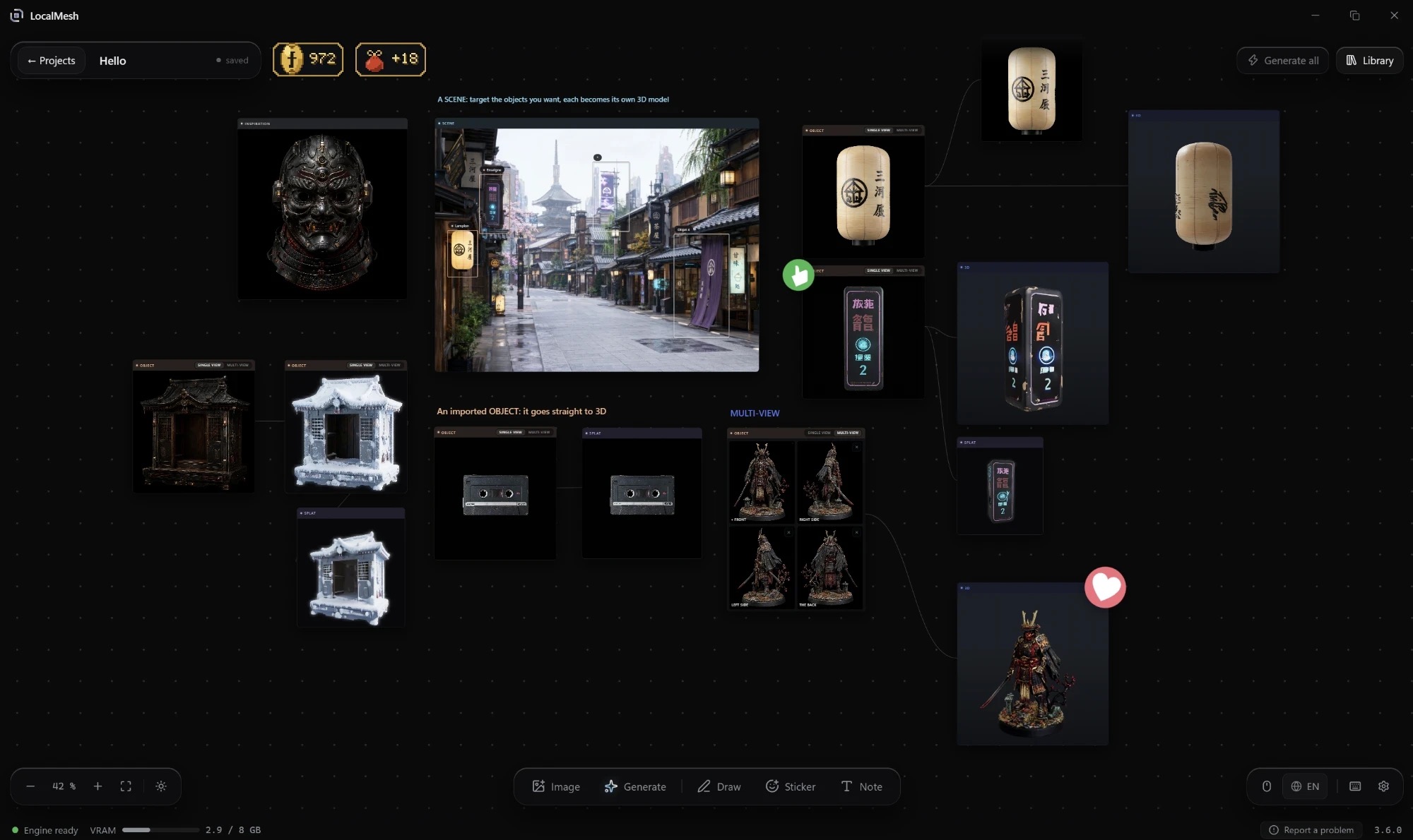 LocalMesh 2.0 moodboard canvas with reference images being turned into 3D