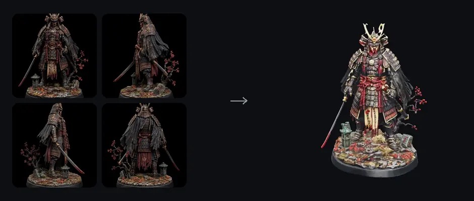 Multiple photographs of a samurai figure fused into one consistent 3D model