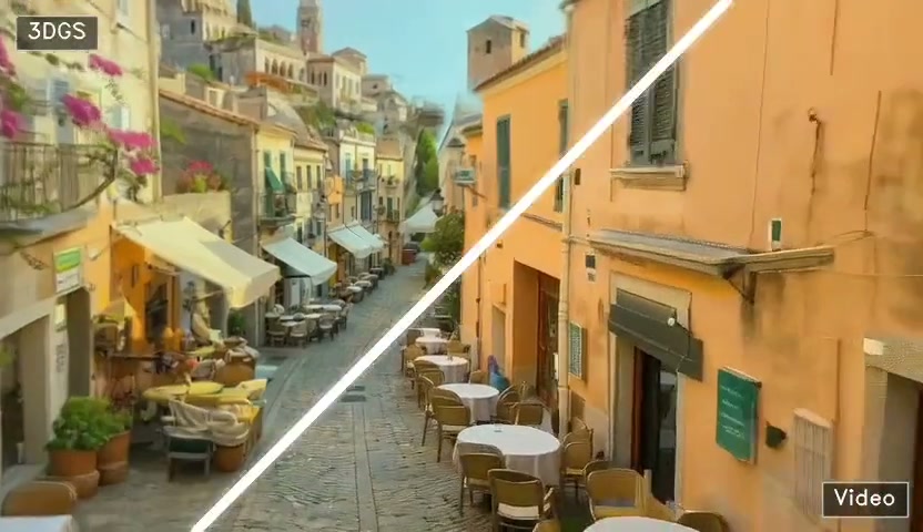 Split comparison of a rendered 3D Gaussian Splat scene versus the source video of an Italian street