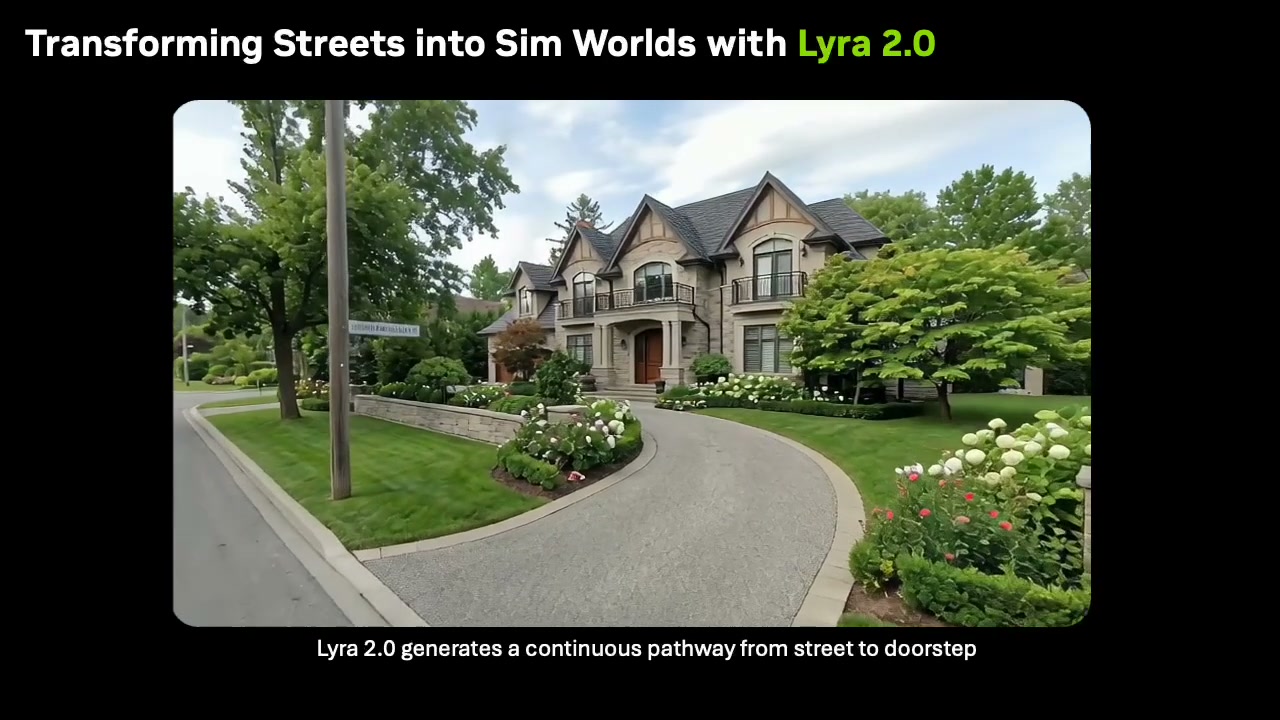 Lyra 2.0 generating a continuous pathway from street to a suburban doorstep