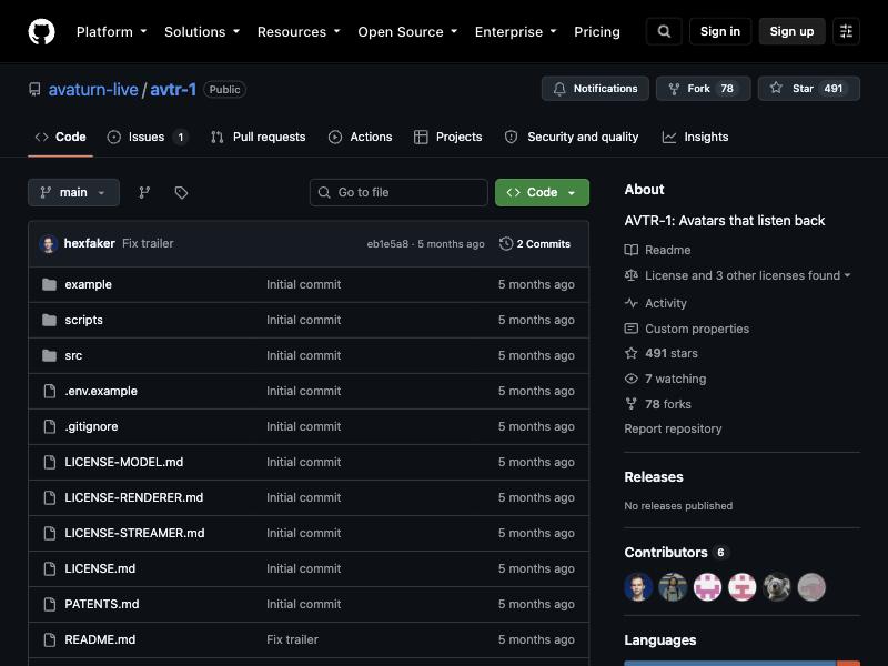 The AVTR-1 GitHub repository showing public code, 491 stars and multiple license files