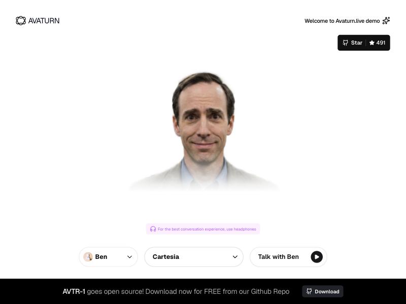 The AVTR-1 live demo showing a photorealistic talking avatar named Ben